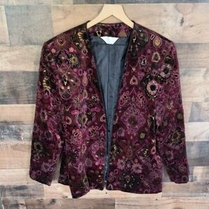 Vintage Tan Jay  Burgundy Floral Metallic Velvet Blazer Sz Large Women